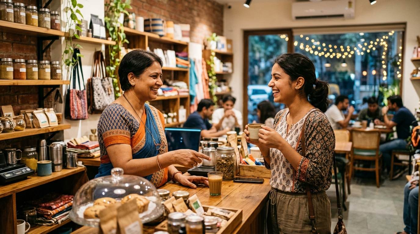 Local Delhi business owner serving a customer - MarsEdge connected growth system